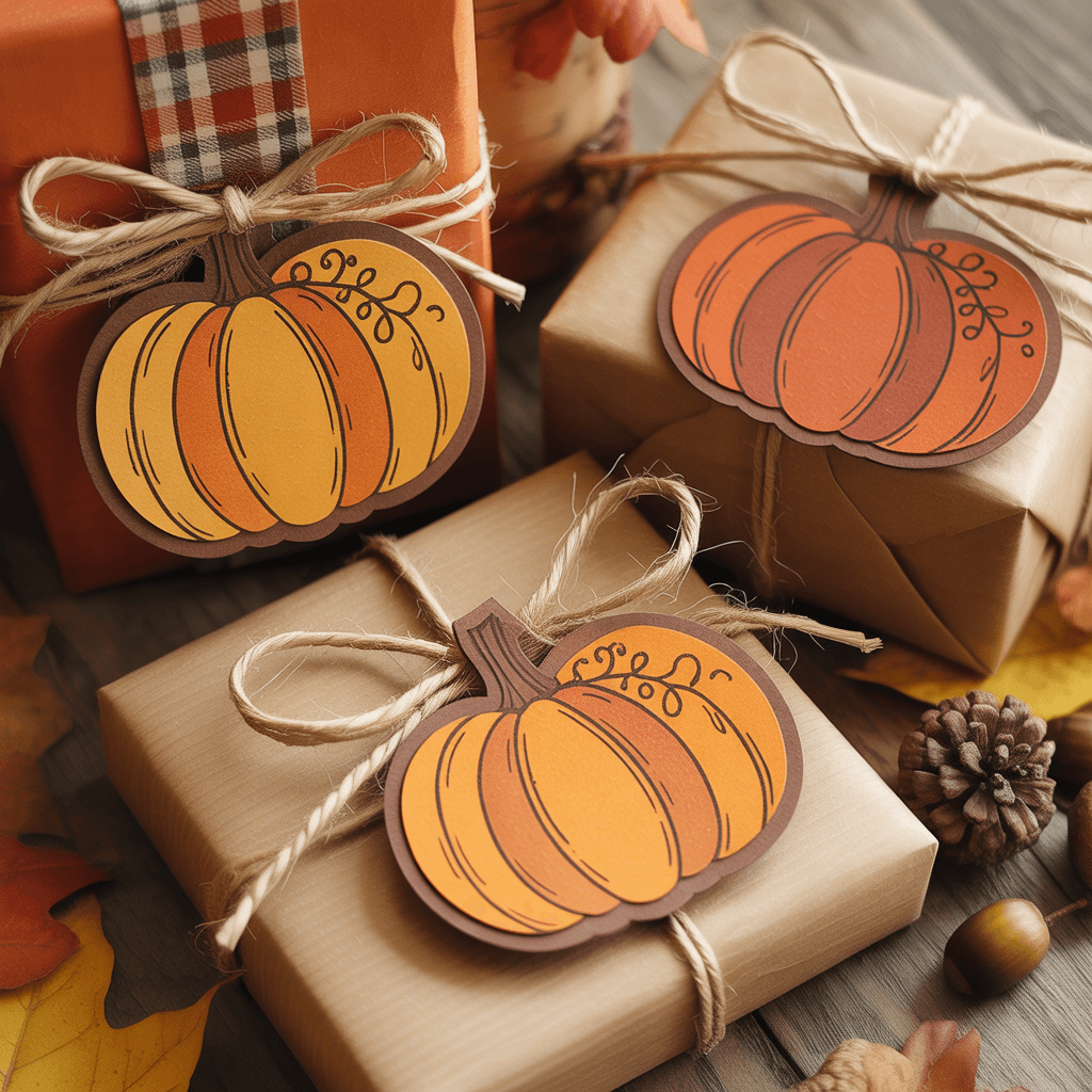 DIY Pumpkin Tags as gift tags on fall presents with twine.