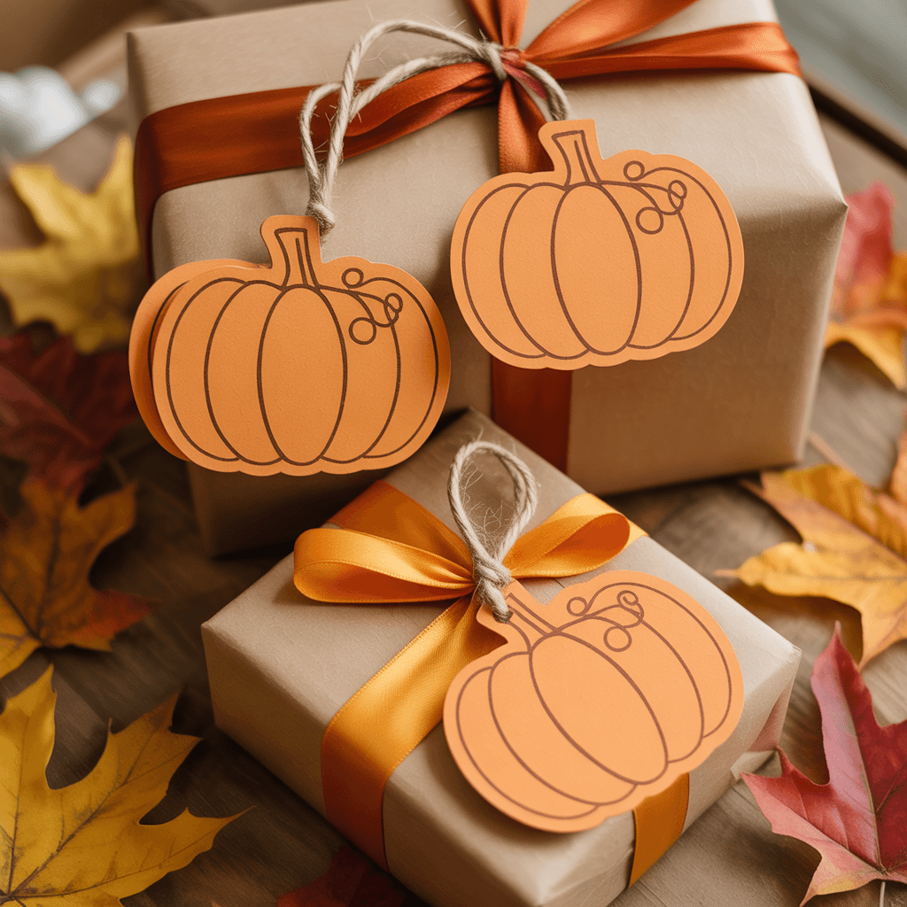 DIY Pumpkin Tags as gift wrap labels on autumn gift packages.