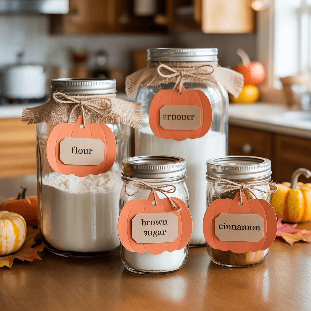 DIY Pumpkin Tags as jar labels on kitchen storage containers.