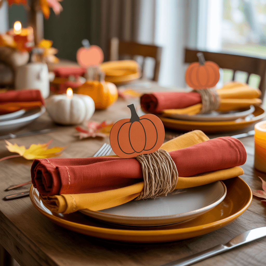 DIY Pumpkin Tags as napkin rings on a festive fall table.