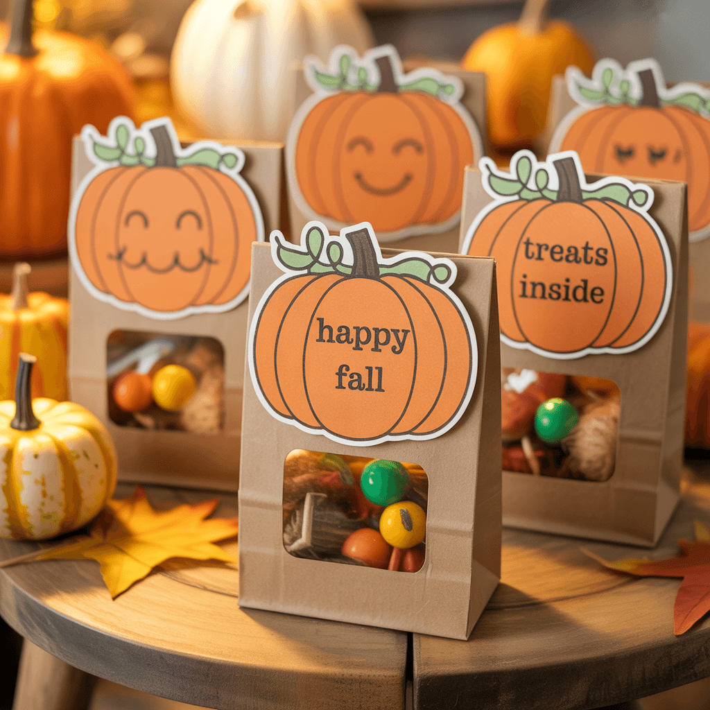 DIY Pumpkin Tags as party stickers on treat bags at a fall event.