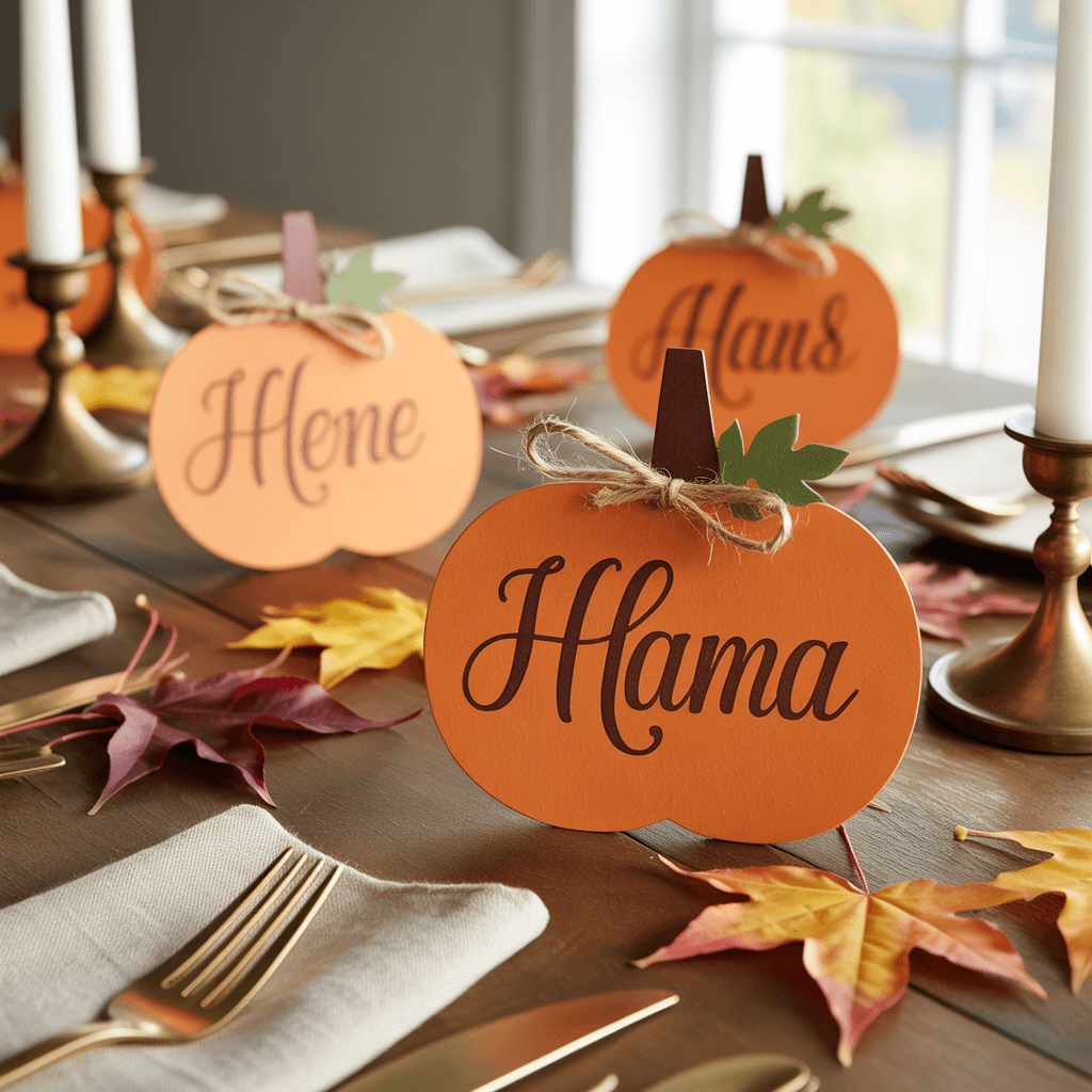 DIY Pumpkin Tags as place cards on a fall dining table.