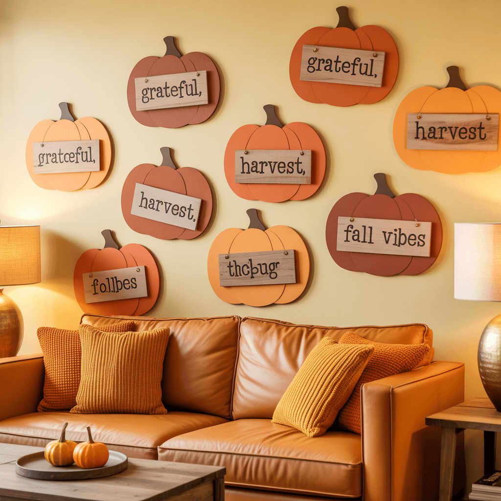 DIY Pumpkin Tags as wall art stickers in a cozy living room.