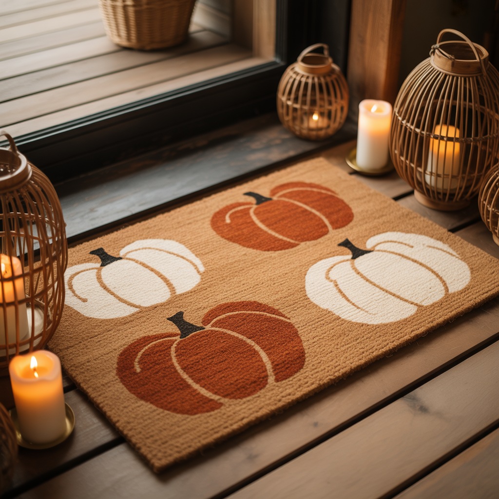 10 Cozy DIY Halloween Boho Door Mats for a Welcoming Entry 6 DIY boho Halloween doormat with neutral pumpkin outlines.