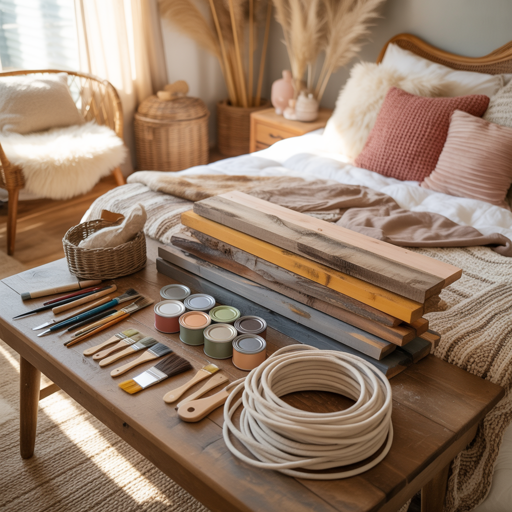 10 DIY Boho Headboard Ideas You Can Create in a Weekend 3 DIY boho headboard materials including wood planks, macramé cord, and paint supplies.