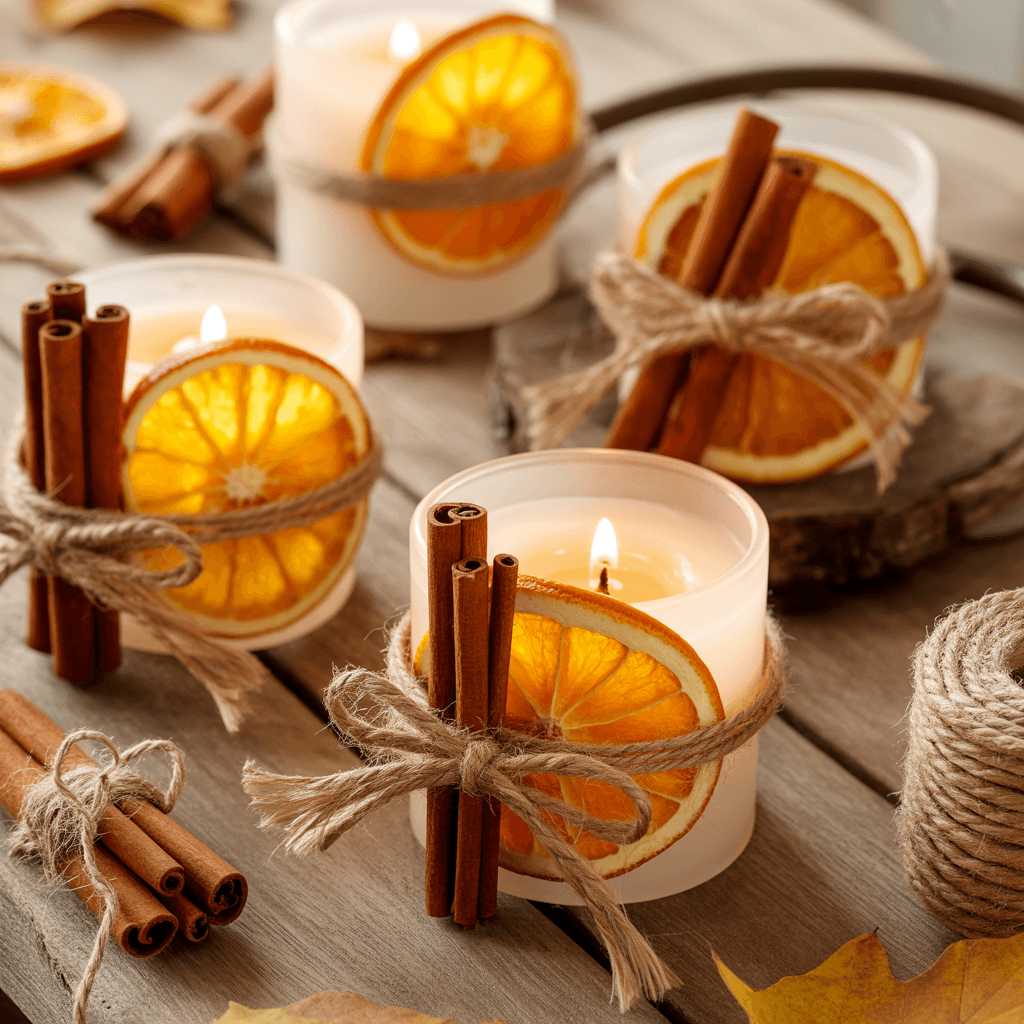 DIY candle holder made with dried oranges and cinnamon sticks.