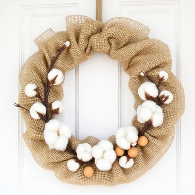 DIY country farmhouse wreath made with burlap and cotton stems