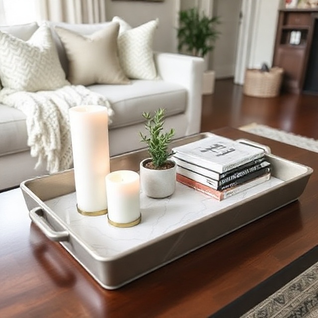 DIY marble-look coffee table tray made from Dollar Tree supplies