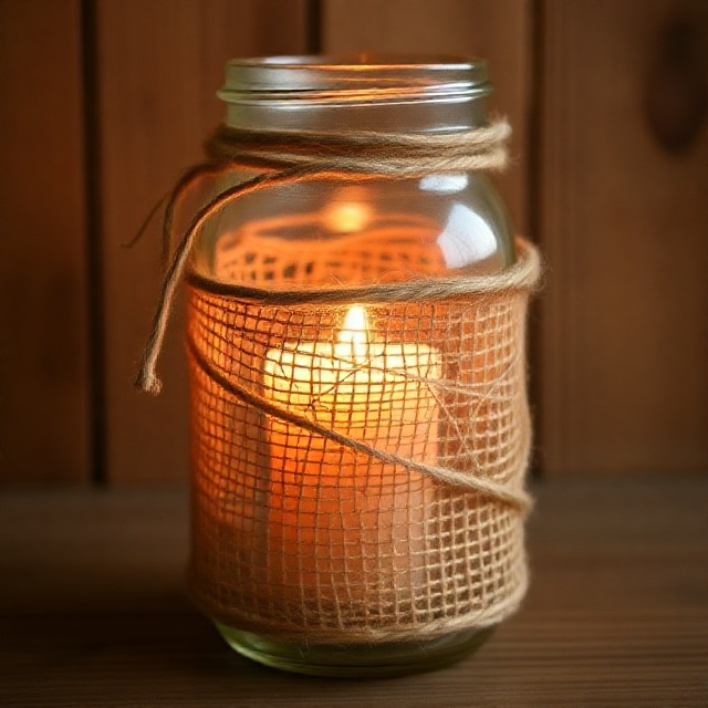 DIY mason jar candle holder wrapped with burlap and twine