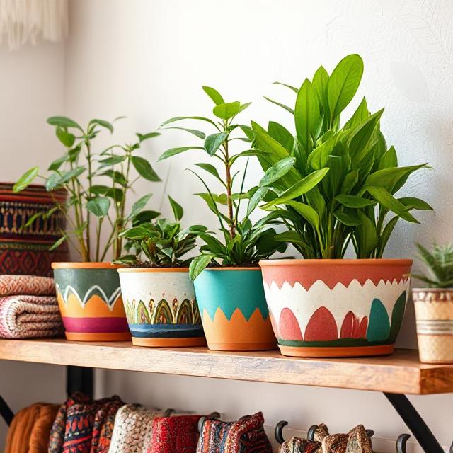 DIY painted terracotta pots with Boho patterns and plants.