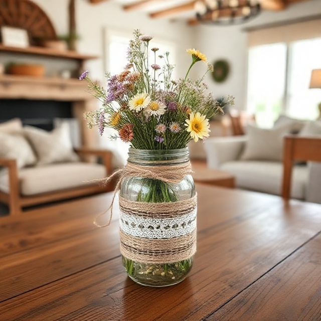 DIY rustic farmhouse mason jar vase with twine and wildflowers