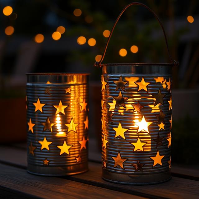 DIY tin can candle holder with punched star pattern