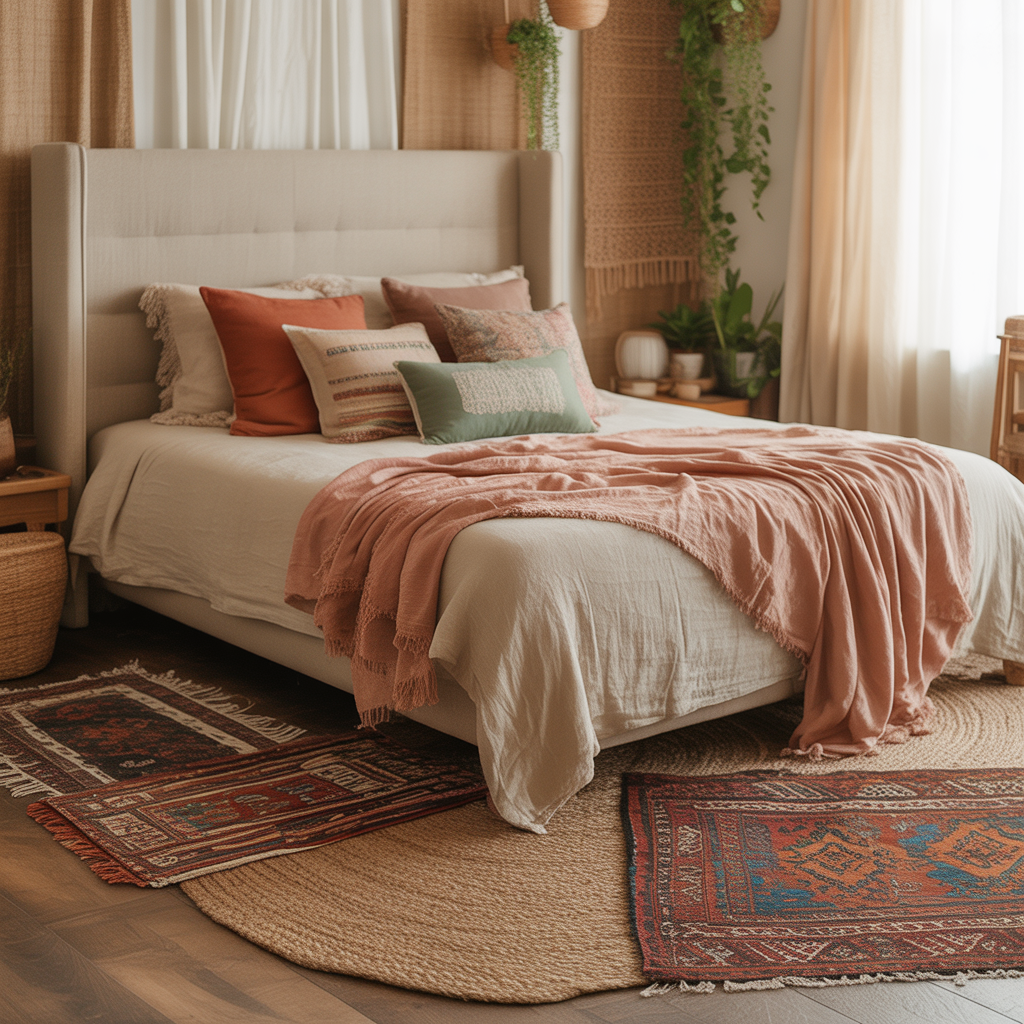 10 DIY Boho Headboard Ideas You Can Create in a Weekend 9 DIY upholstered boho headboard with neutral fabric in cozy bedroom.