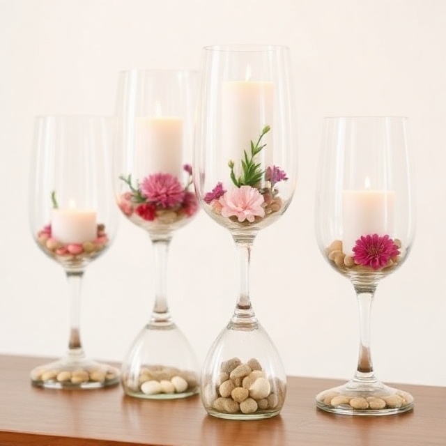 DIY wine glass candle holder filled with flowers