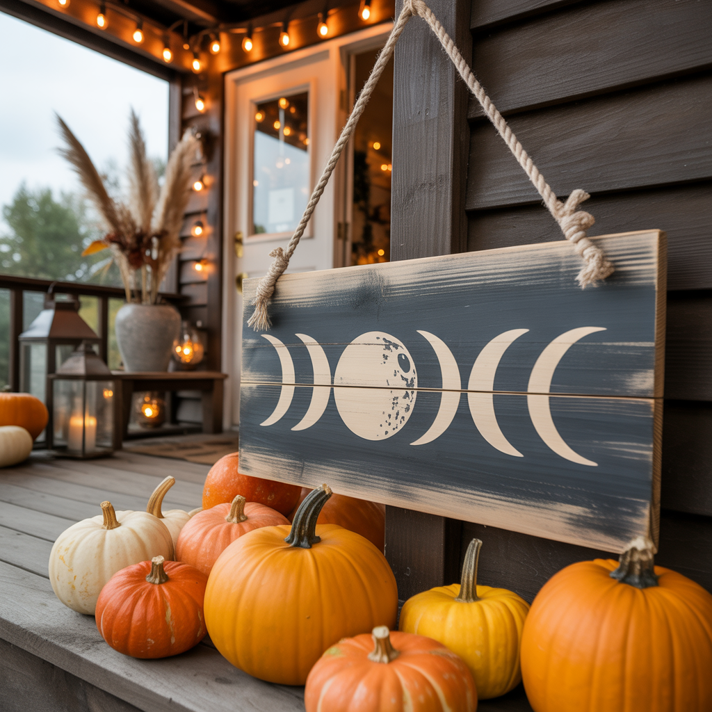 10 Boho Halloween Porch Ideas for a Cozy Outdoor Vibe 10 DIY wooden sign saying “Stay Spooky” in boho font with moon symbols and pumpkins.
