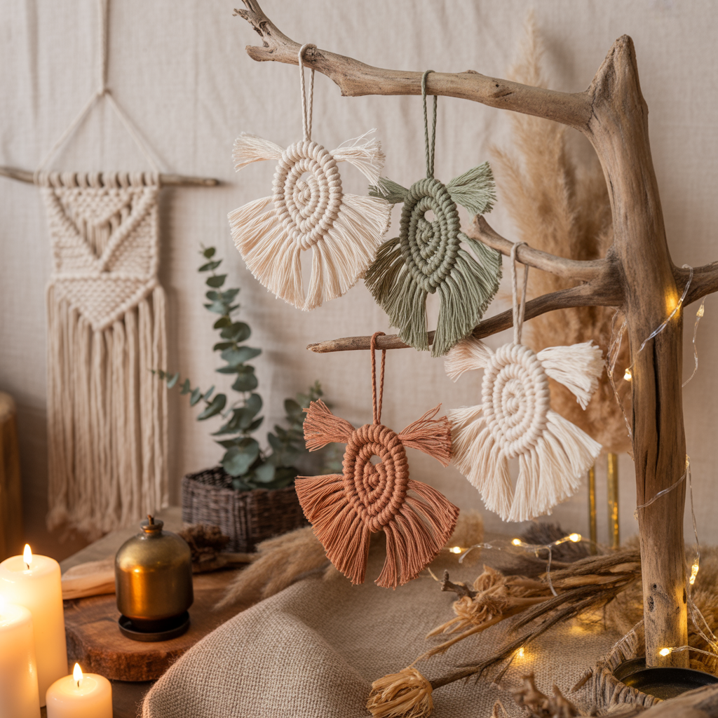 10 Stunning Boho Christmas Décor Ideas for a Whimsical Holiday Look 11 DIY yarn ornaments in a Boho Christmas Décor Ideas holiday display.
