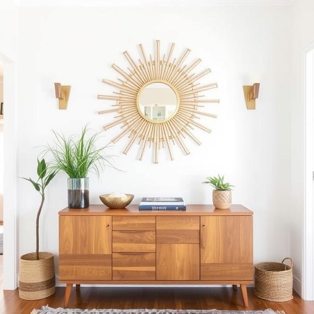 20 Modern Boho Home Décor Ideas for a Stylish 2025 Makeover 8 Decorative sunburst mirror above wooden console in modern boho entryway.