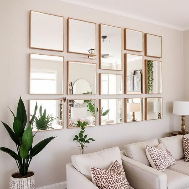 Dollar Tree mirror wall grid creating a stylish living room accent