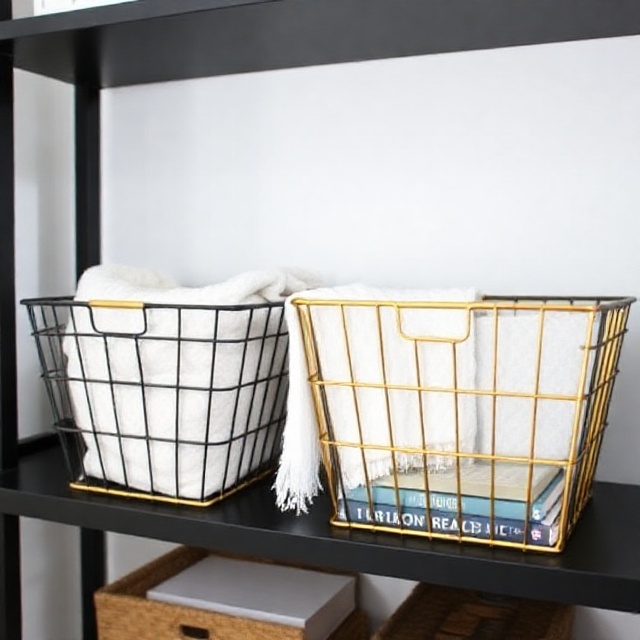 Dollar Tree wire baskets spray painted gold for chic living room storage