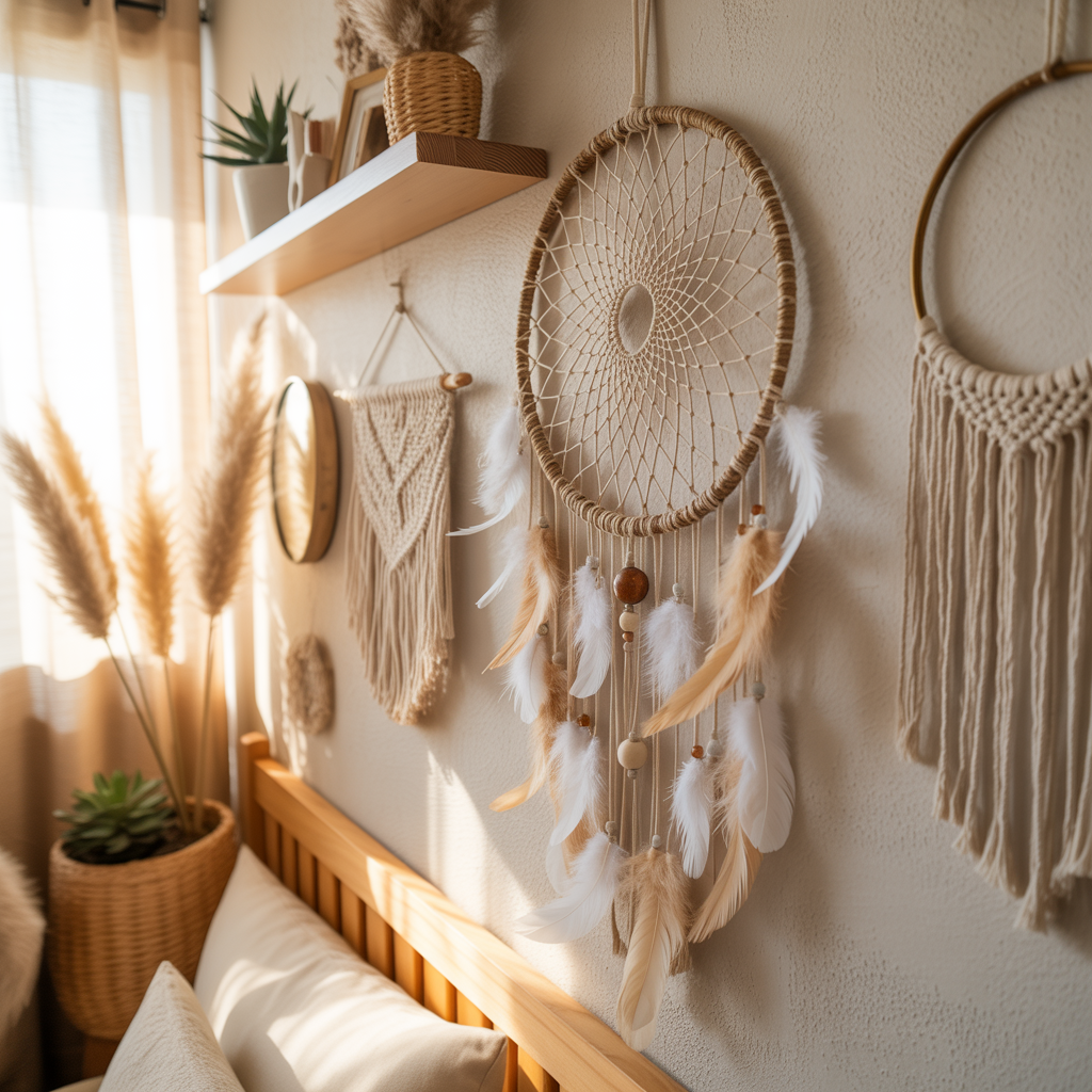 10 Eye-Catching DIY Boho Wall Art Ideas to Add Personality to Your Space 7 Dreamcatcher wall piece in a DIY Boho Wall Art Ideas bedroom display.