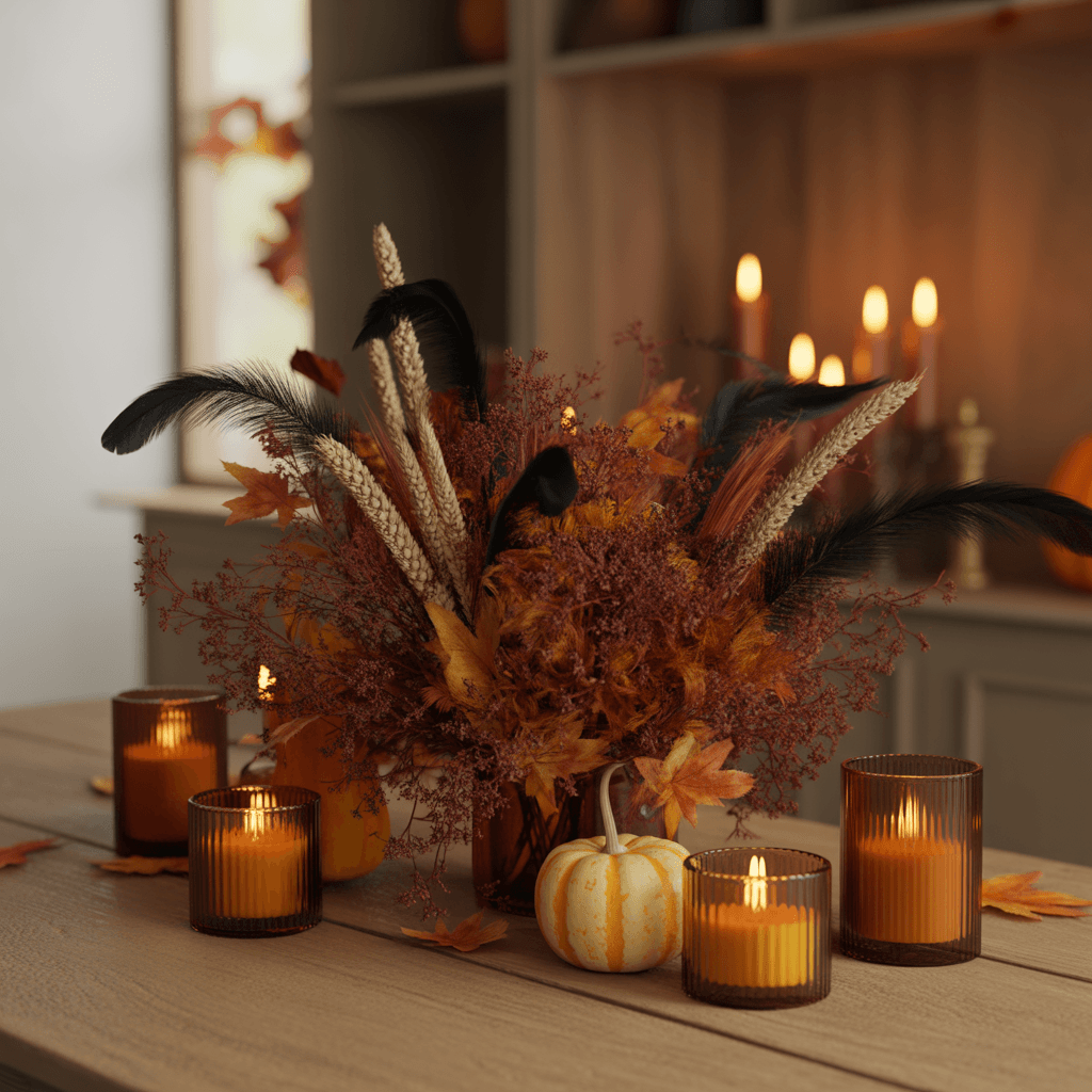  Dried floral Halloween centerpiece with pampas and black feathers.