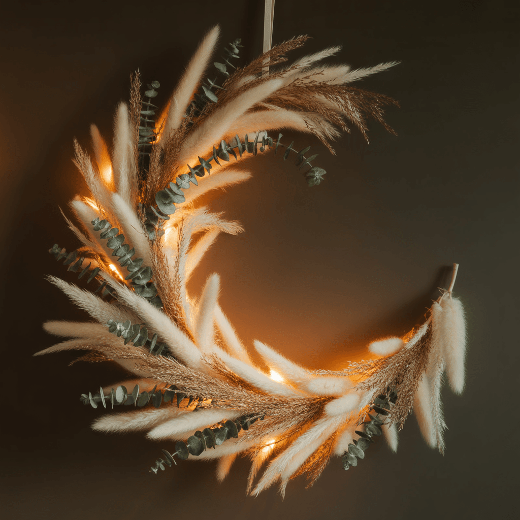 Dried floral crescent moon wreath with pampas grass and ribbon.
