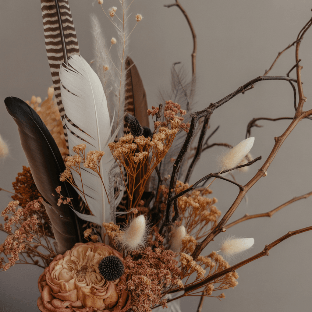  Dried florals mixed with feathers and twigs for boho Halloween design