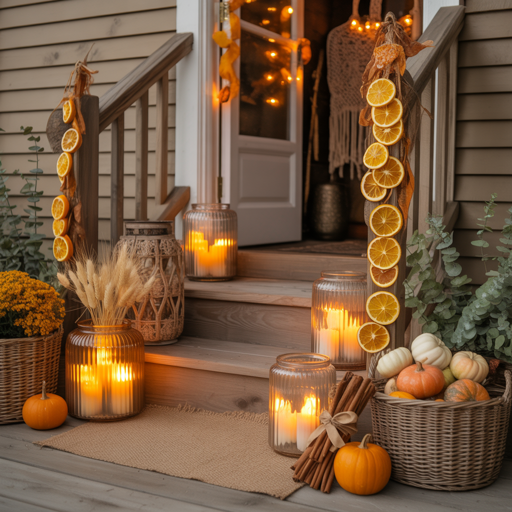10 Boho Halloween Porch Ideas for a Cozy Outdoor Vibe 12  Dried orange garland and cinnamon sticks on boho Halloween porch for cozy scent.