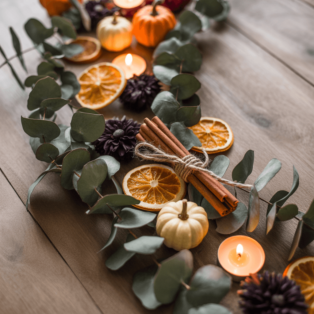 Dried orange garland with cinnamon and eucalyptus on table.