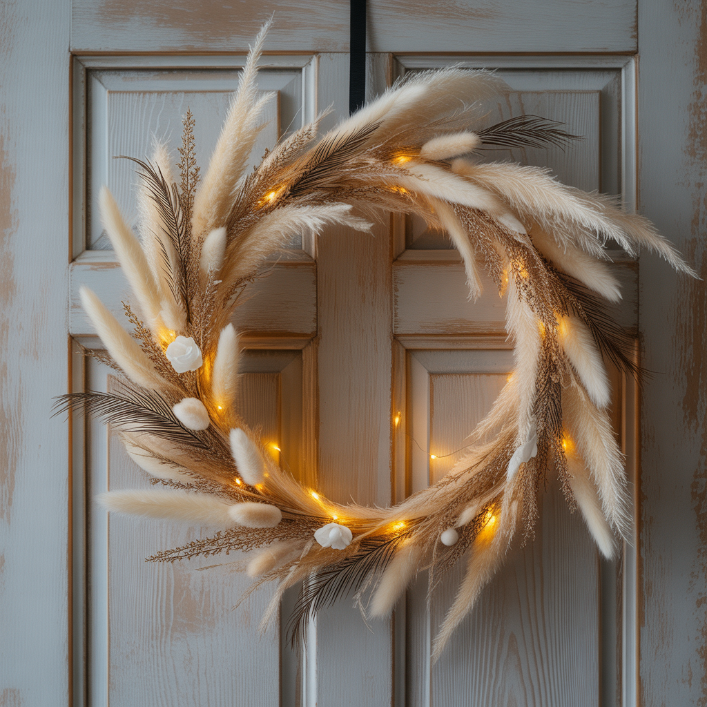 10 Boho Halloween Porch Ideas for a Cozy Outdoor Vibe 5  Dried pampas and eucalyptus wreath with black ribbon and fairy lights for a boho Halloween porch.