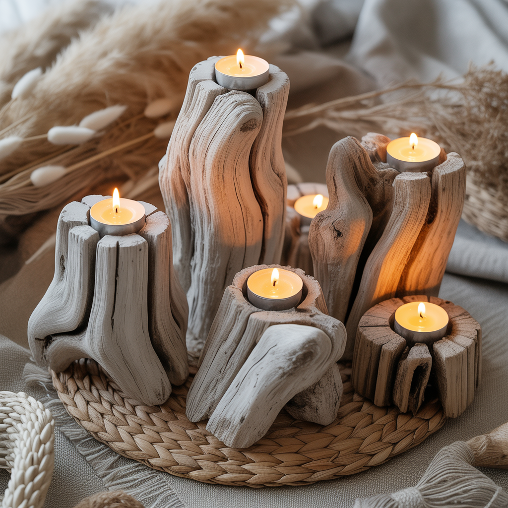 10 Amazing Ways to Make Your Own Boho Candle Holders and Décor 6 Driftwood Boho Candle Holders with tealights in a rustic setup.