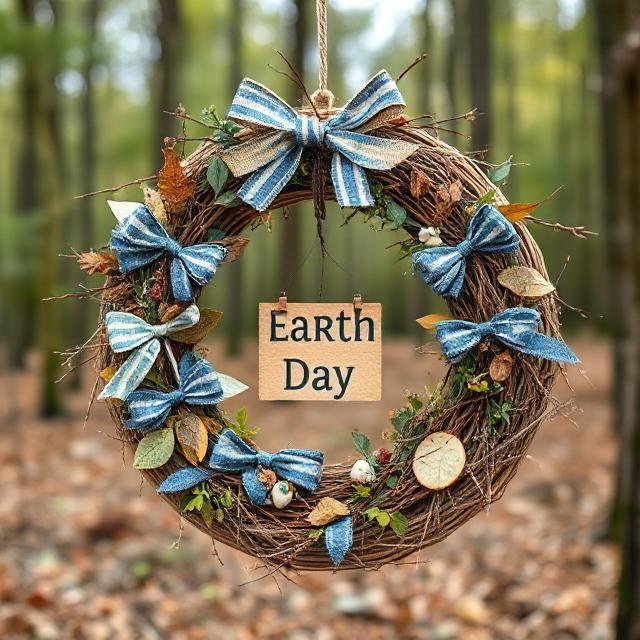 Eco-friendly Earth Day wreath made from recycled fabric and twigs