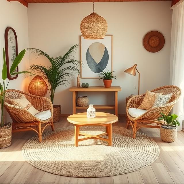20 Modern Boho Home Décor Ideas for a Stylish 2025 Makeover 18 Eco-friendly boho home décor with bamboo furniture and jute rug.