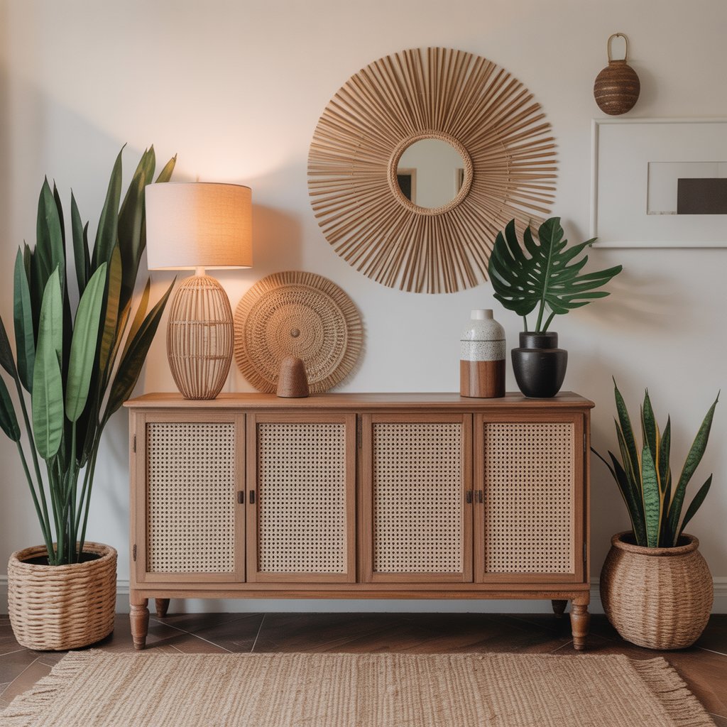 10 Boho Entryway Ideas 2025: Create a Warm Welcome on a Budget 11 Entryway combining vintage wooden console with modern Boho décor pieces.