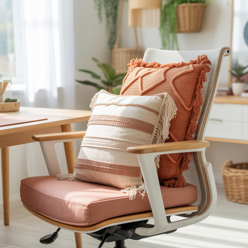 10 Modern Boho Home Office Ideas for a Creative Workspace 3 Ergonomic chair with boho cushions in a Modern Boho Home Office Ideas setup.