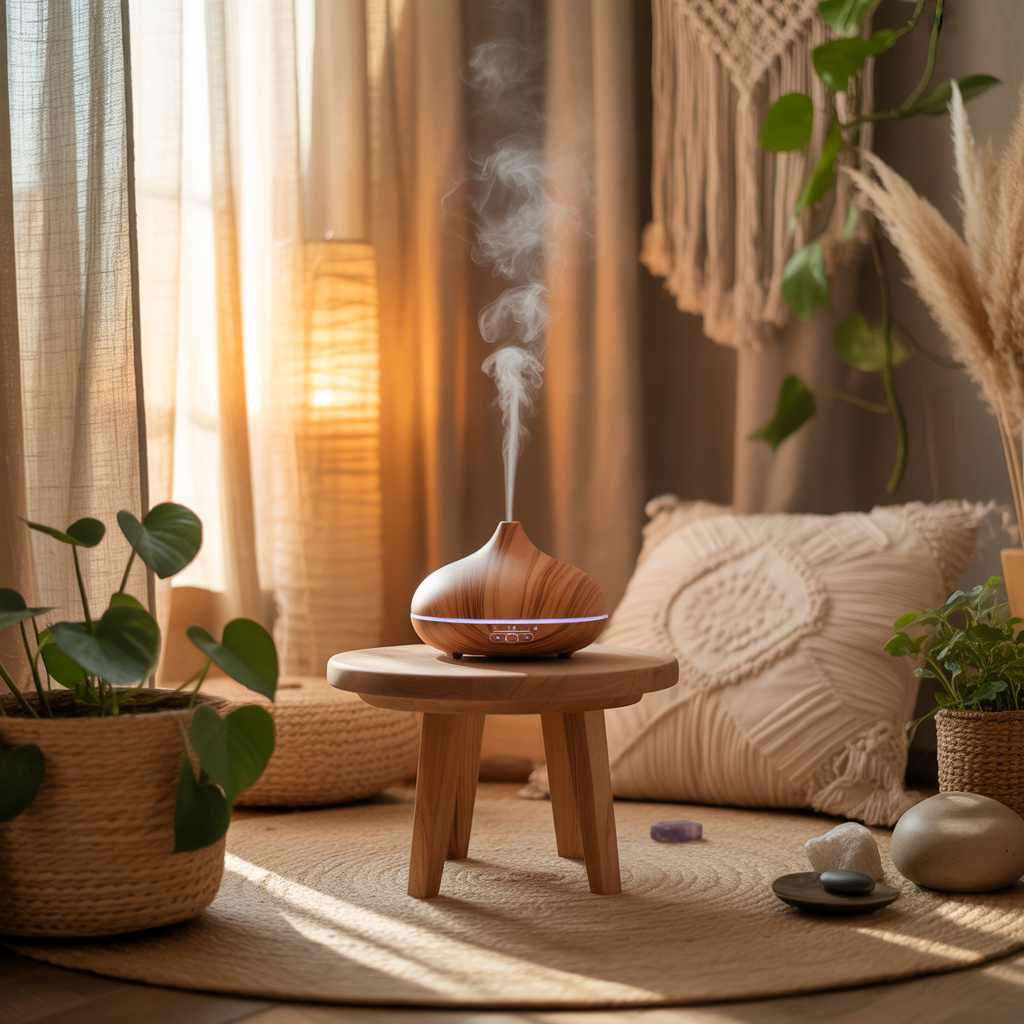 Boho Meditation Corner: 10 Brilliant Ideas 12 Essential oil diffuser in a calming Boho Meditation Corner at home.