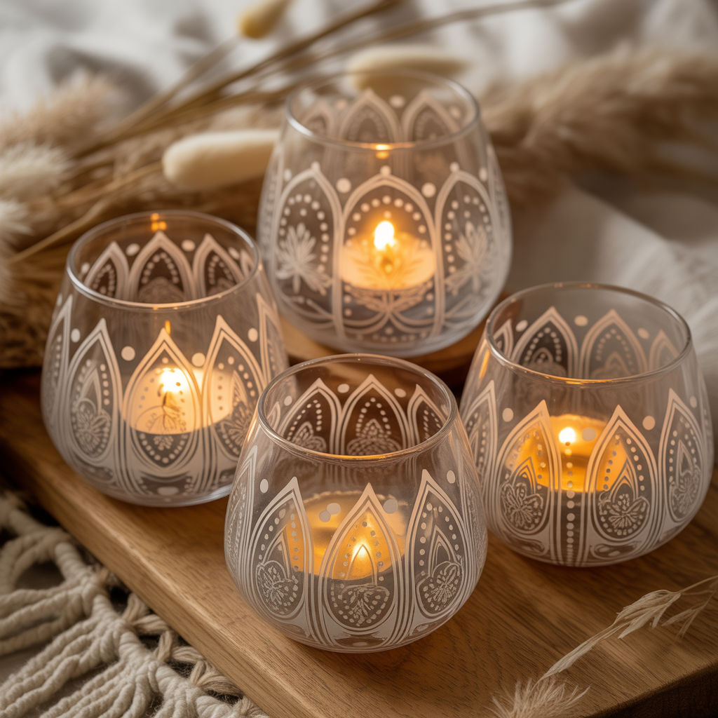 10 Amazing Ways to Make Your Own Boho Candle Holders and Décor 8 Etched glass Boho Candle Holders with mandala patterns.