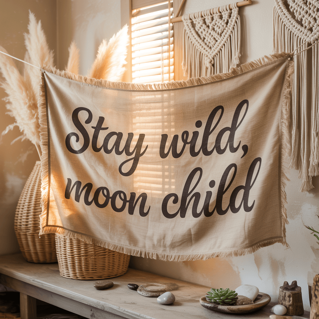 Fabric banner with mystical Halloween quote in boho style.