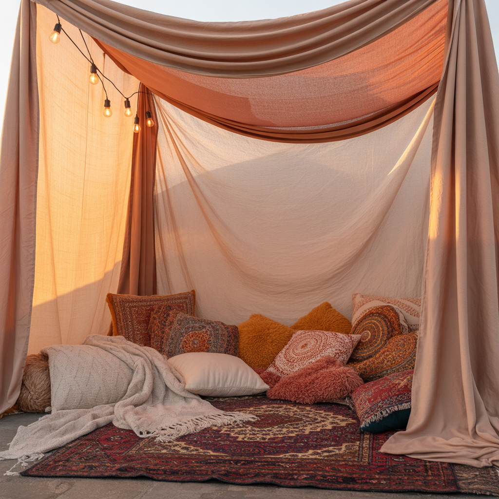 10 Beautiful Boho Meditation Corner Ideas You Can Create at Home 9 Fabric canopy above a Boho Meditation Corner with pillows and blankets.
