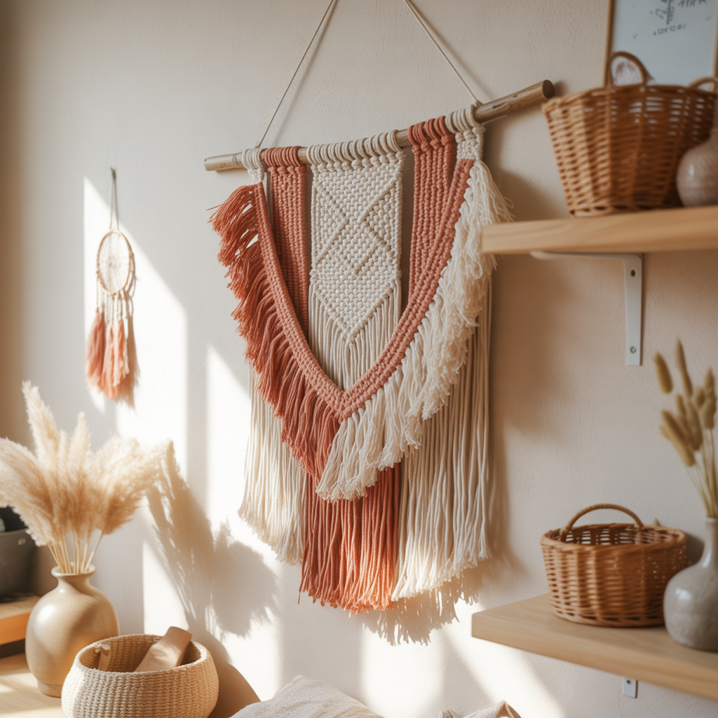 10 Eye-Catching DIY Boho Wall Art Ideas to Add Personality to Your Space 8 Fabric wall hanging with tassels in a DIY Boho Wall Art Ideas setup.