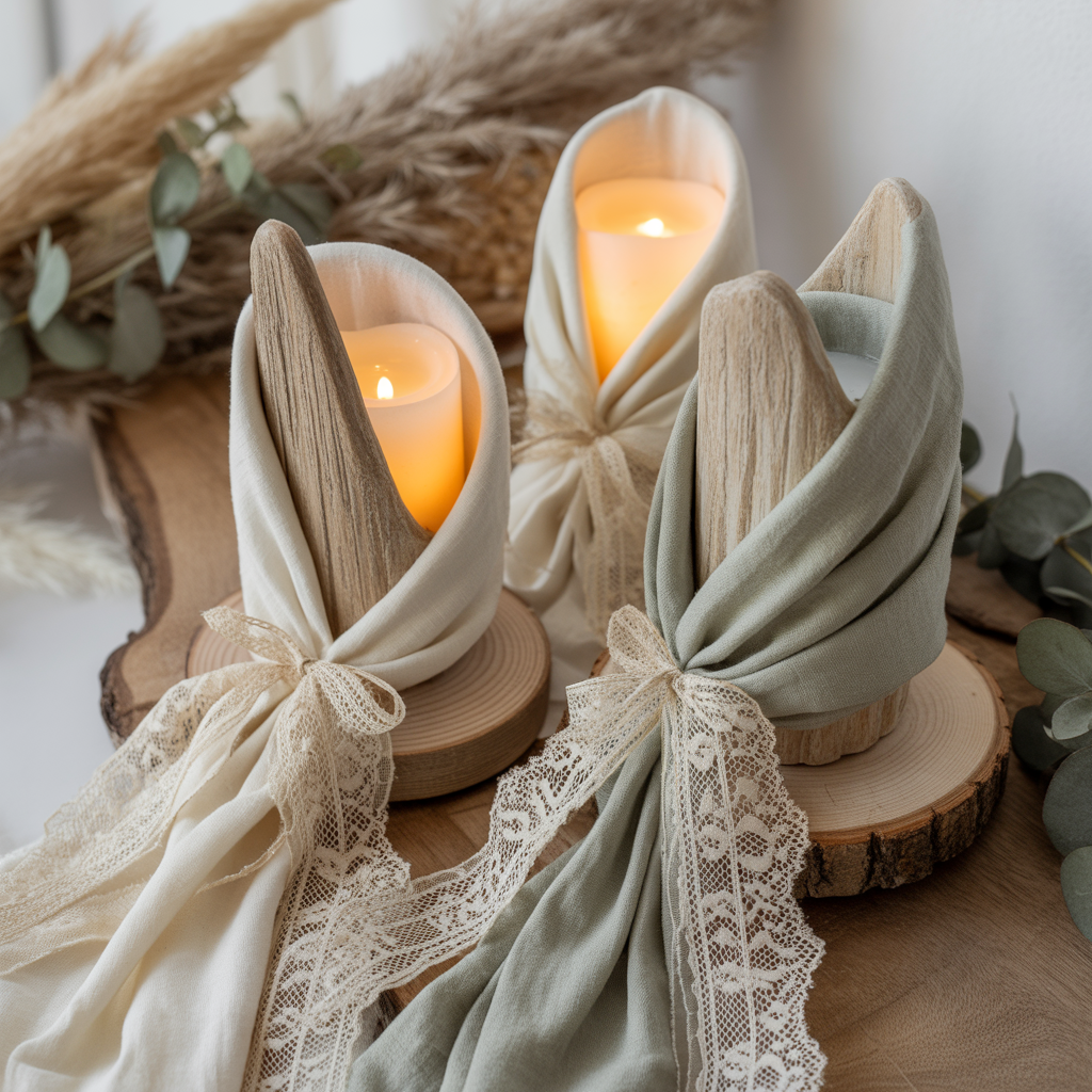 10 Amazing Ways to Make Your Own Boho Candle Holders and Décor 10 Fabric-wrapped Boho Candle Holders with lace accents.