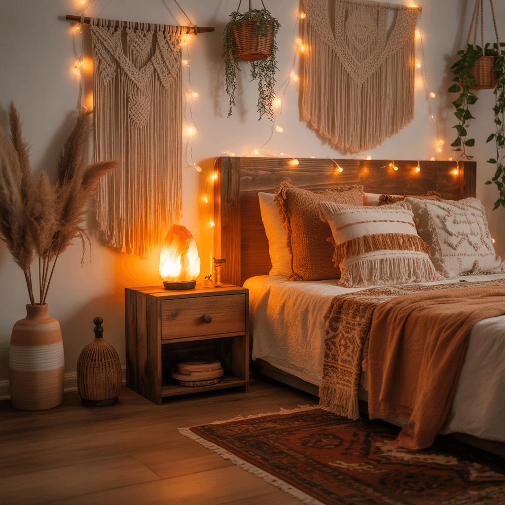 Fairy lights and salt lamp in a Boho Aesthetic Room Décor setup.