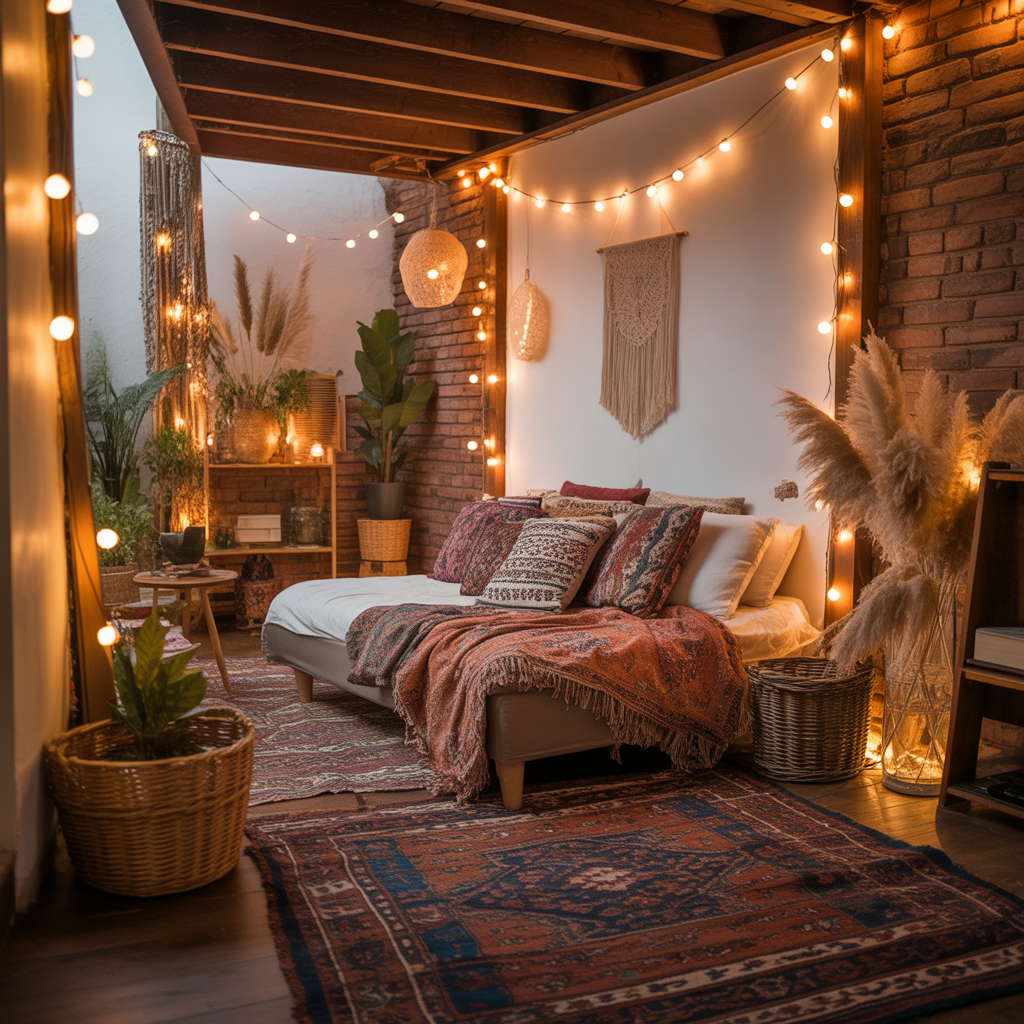 10 Best Boho Studio Apartment Ideas to Maximize Small Spaces 8 Fairy lights in a cozy Boho Studio Apartment Ideas small apartment setup.