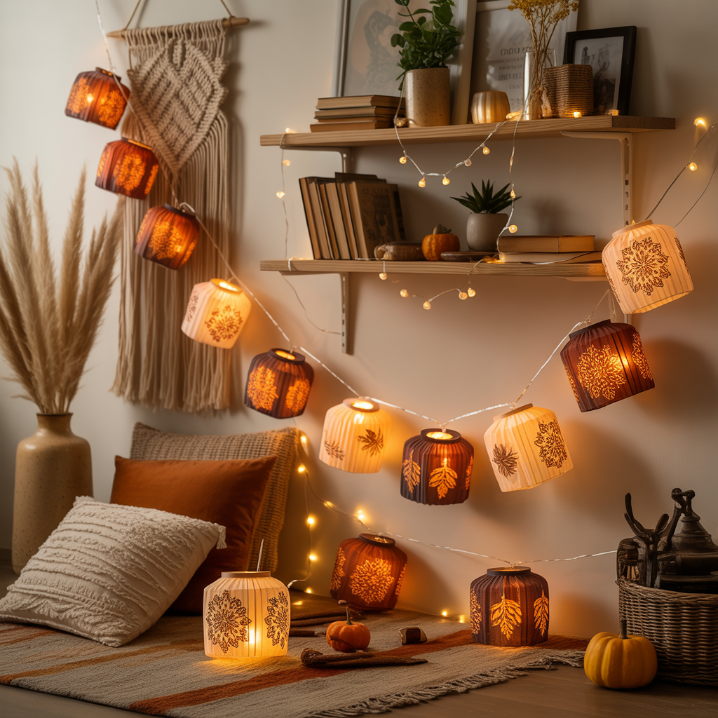 10 Cozy Boho Fall Home Décor Ideas with Free Wall Art Printables 8 Fairy lights with printable lantern shades in a Boho Fall Home Décor setup.