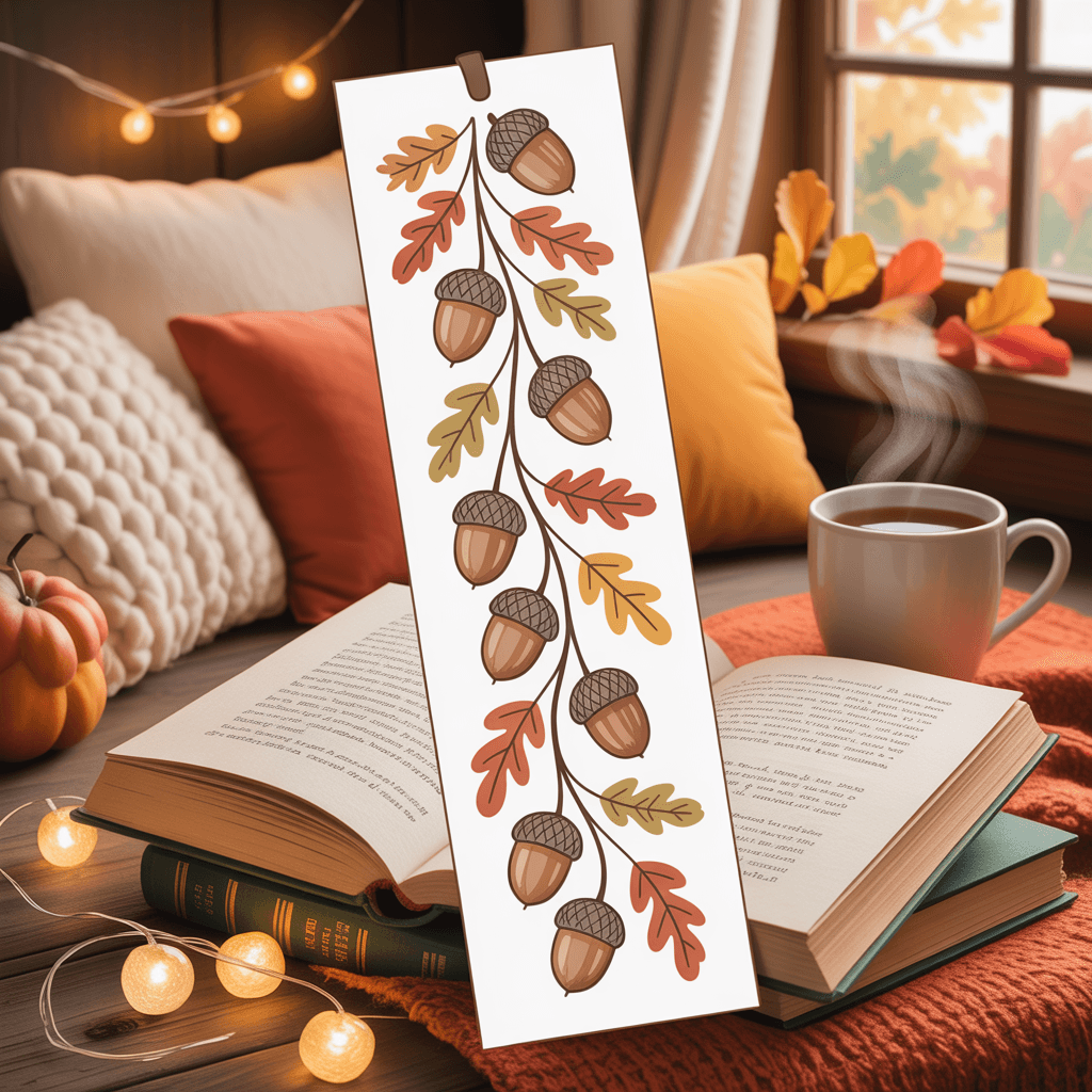 10 Whimsical Fall Printable Bookmarks for Cozy Reading Nooks 6 Fall Printable Bookmarks with acorn trail in a reading nook.