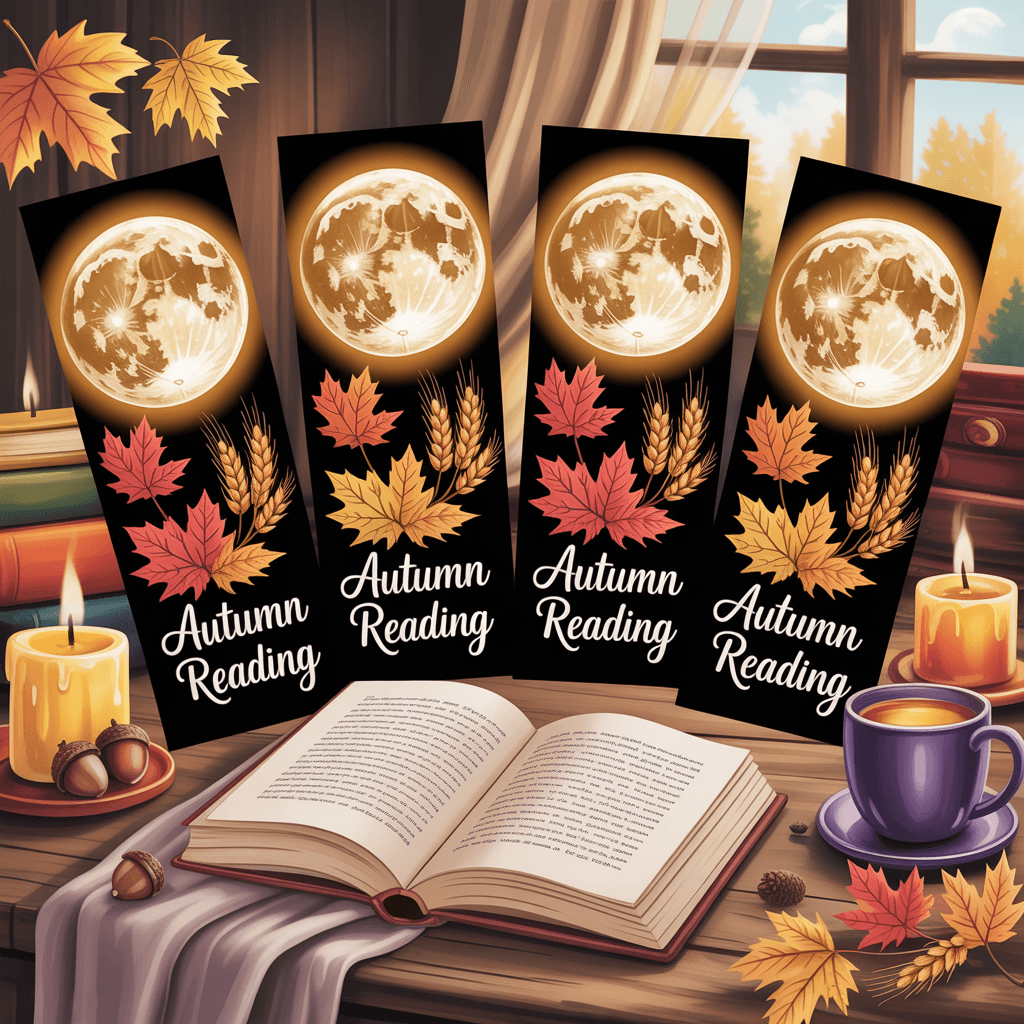 10 Whimsical Fall Printable Bookmarks for Cozy Reading Nooks 9 Fall Printable Bookmarks with harvest moon in a cozy reading nook.
