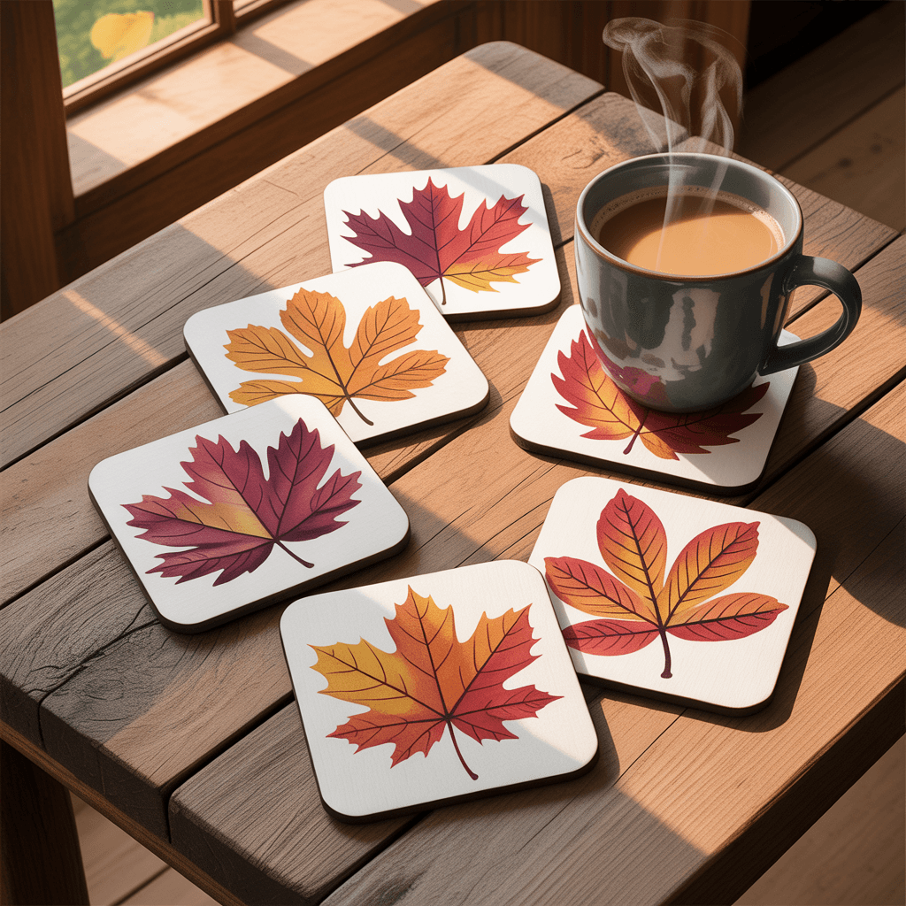 Fall Printable Coaster Set with autumn leaves on a coffee table.