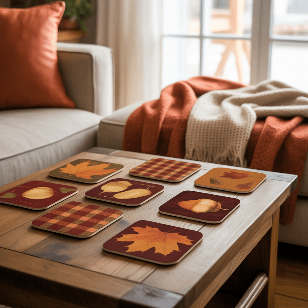 Fall Printable Coaster Set with blanket design on a coffee table.