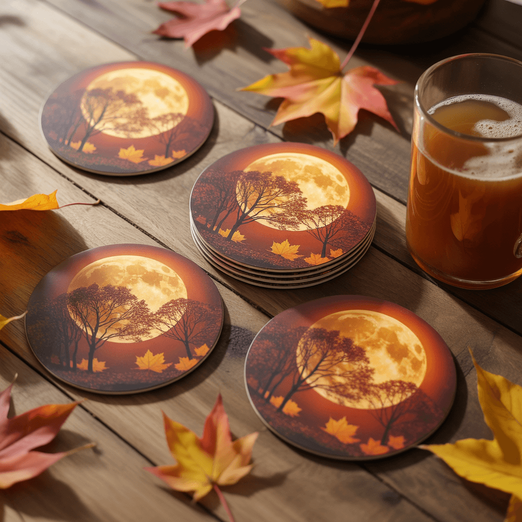 Fall Printable Coaster Set with harvest moon design on a table.