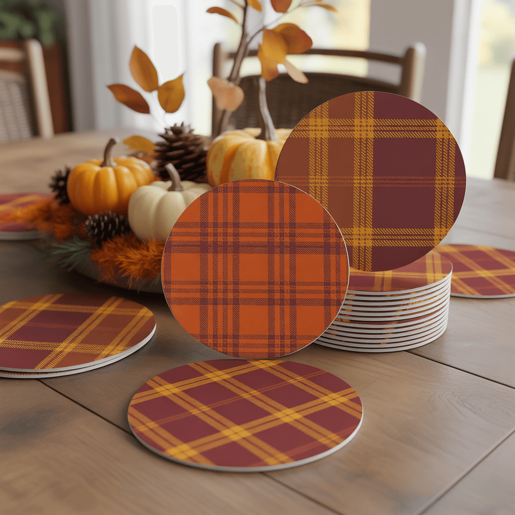 Fall Printable Coaster Set with plaid design on a dining table.